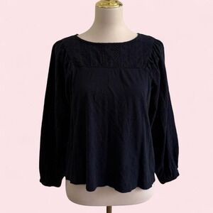 Ann Taylor LOFT Navy Eyelet Yoke Blouse — Size M